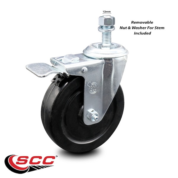 5 Inch Hard Rubber Wheel Swivel 12mm Threaded Stem Caster Total Lock Brake